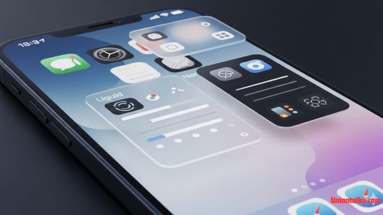 “iPhone showing iOS 26 Liquid Glass design with translucent icons, floating widgets, and futuristic Apple UI”