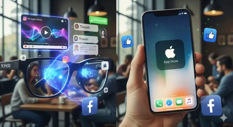 Smart glasses projecting social media apps beside an Apple iPhone – Meta vs Apple future tech battle