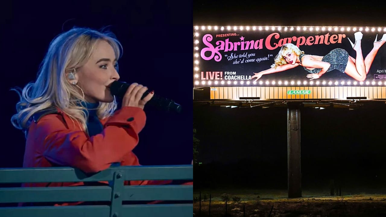 Sabrina Carpenter performing live at Coachella 2026 with cinematic stage design and dramatic lighting