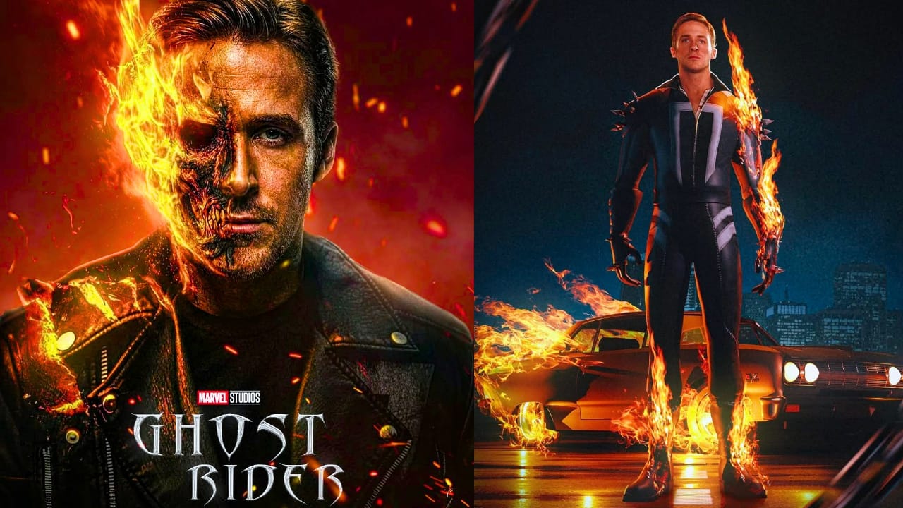 Ryan Gosling imagined as Ghost Rider with flaming skull in Marvel Cinematic Universe concept art