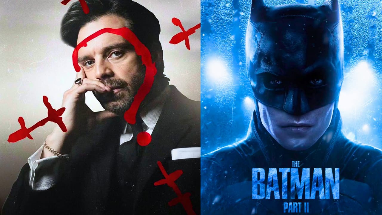 Sebastian Stan on set of The Batman Part II during summer filming in a dark Gotham-style environment