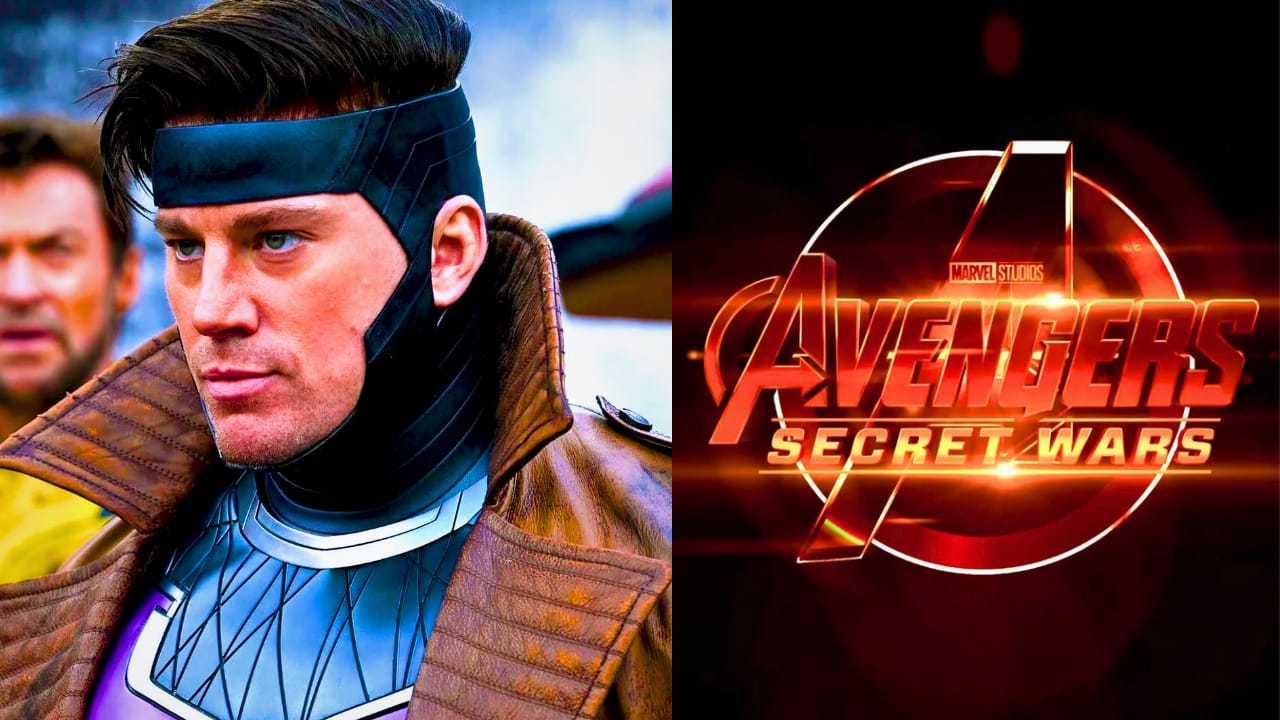 A cinematic shot of Channing Tatum as the Marvel character Gambit, wearing his signature brown trench coat and purple armor, charging a playing card with kinetic energy.