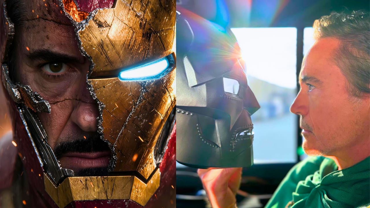 A split-screen image showing Robert Downey Jr. as Iron Man on the left and his upcoming portrayal of Doctor Doom on the right