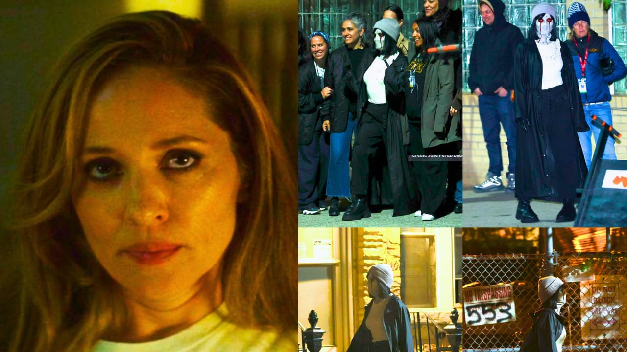 Margarita Levieva as Heather Glenn standing next to the bloody white mask of the villain Muse from Daredevil Born Again.