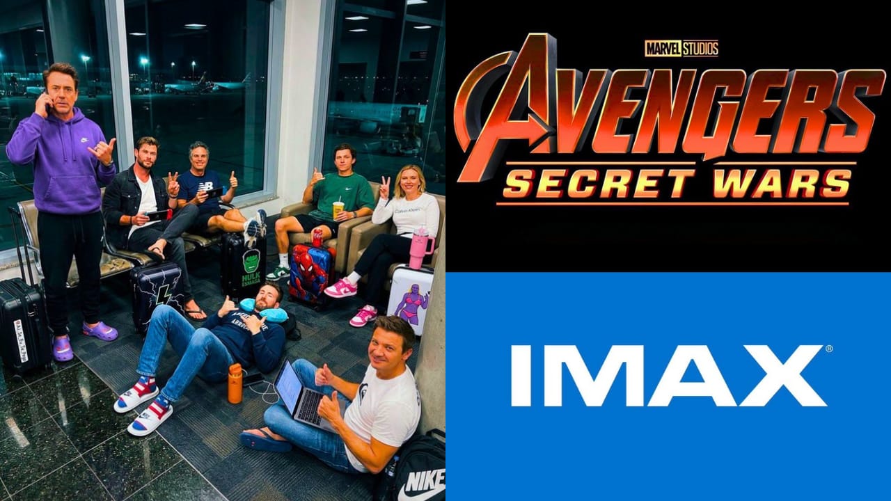 A high-quality cinematic poster featuring the Avengers, X-Men, and Fantastic Four logos with the IMAX branding.